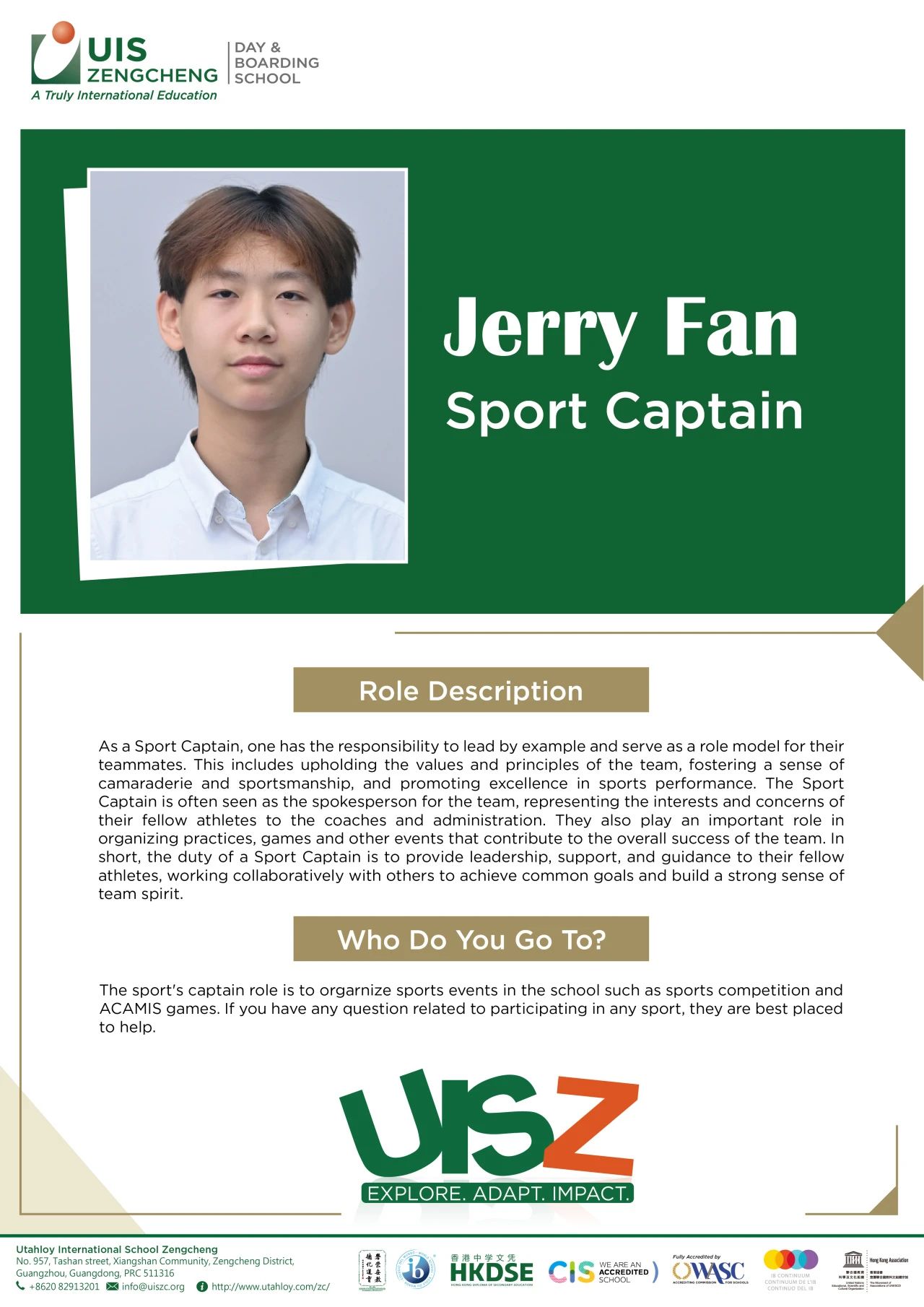 UISZ Student Leadership | School Captains: 誉德莱学生领袖团队介绍